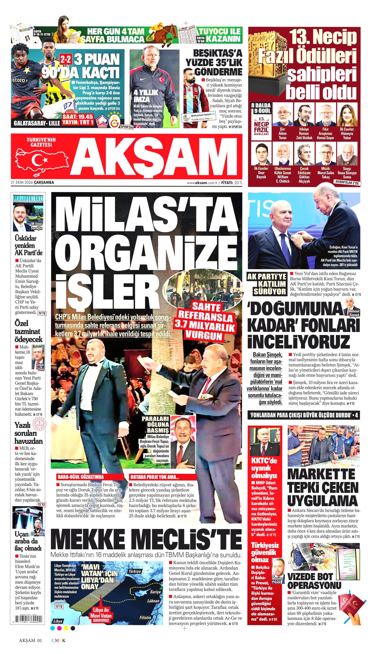 Akşam Gazetesi gazetesi manşeti