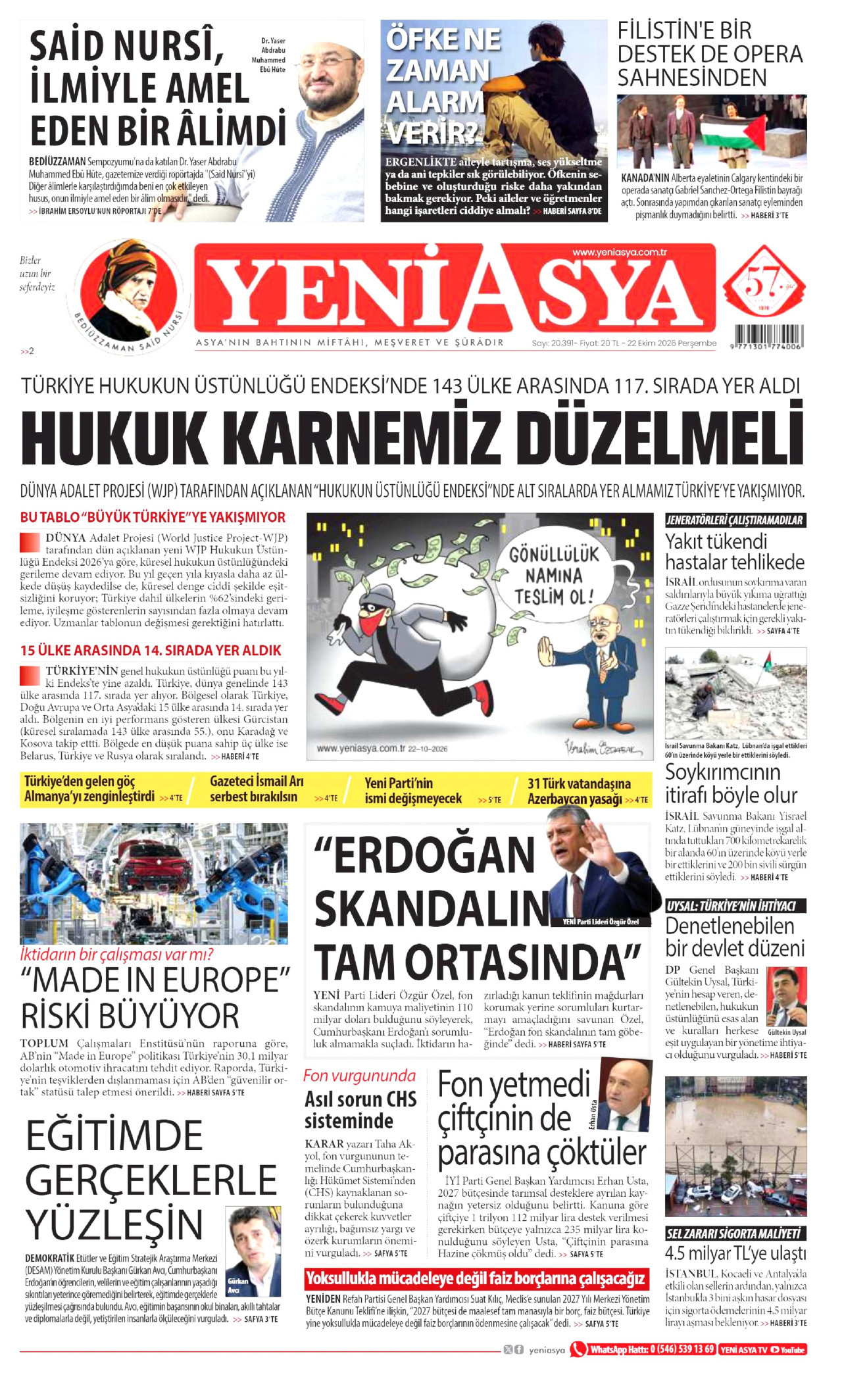 Yeni Asya Gazetesi gazetesi manşeti