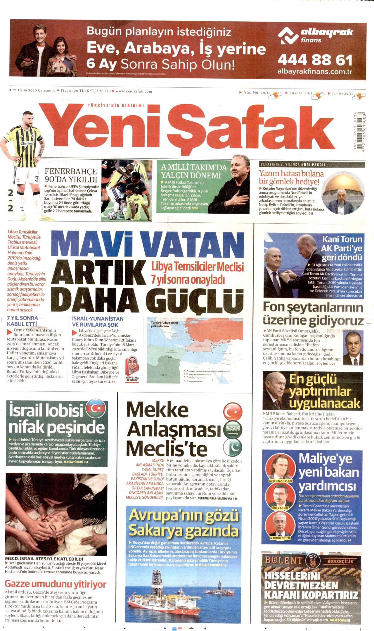 Yeni Şafak Gazetesi gazetesi manşeti